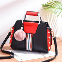 Contrast Colors Elegant Shoulder Bag Trendy Women Crossbody Bags Fur Ball Pendant Rivet Luxury Designer Ladies Top-handle Totes