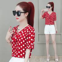 Summer V-neck Korean Polka Dot Printed Shirt Womens Short Sleeve Western Chiffon y Top Women