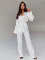 Solid Color Pajamas For Women Robe Sets Full Sleeves Womens Home Clothes Trouser Suits Satin Nightgowns Spring  Loungewear