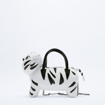 😻กระเป๋าคาดไหล่ลายเสือน้อย,กระเป๋าลายสัตว์น่ารักสีขาวล้วนหนัง Pu แบบใหม่ลายเสือโคร่งโซ่มือจักรราศี