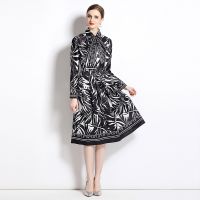 Women Dress Spot Real  Elegant Long Sleeve  Vintage Printed Midi Dress