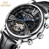 ⌚Jinyueda KINYUED Tourbillon นาฬิกานาฬิกาหนังอัตโนมัติสำหรับผู้ชายนาฬิกานาฬิกากลไกผู้ชายกลวงใหม่ของแท้