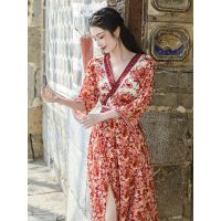 Spot parcel post New Spring and Summer Clothing Sexy V Collar Chiffon Printed Dress Bohemia Seaside Vacation Beach Split Dress for Women