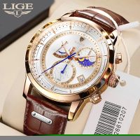 （A Decent035）นาฬิกาสำหรับผู้ชาย LIGELeather Mens WatchesSportsWristwatch ChronographMen Relogio Masculino Box