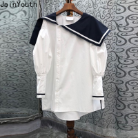 ขนาดใหญ่ Tops Femme เสื้อสีขาวผู้หญิงไม่สม่ำเสมอ Sailor Collar พัฟแขนเสื้อแฟชั่นเสื้อเกาหลี2023 Blusas De Mujer