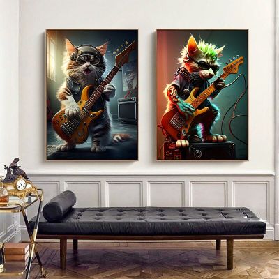 Cool Cats Rock Roll เพลงแมวตลกกีตาร์โปสเตอร์สัตว์พิมพ์ภาพวาดผ้าใบ Wall Art สำหรับห้องนั่งเล่นห้องนอนตกแต่งบ้าน