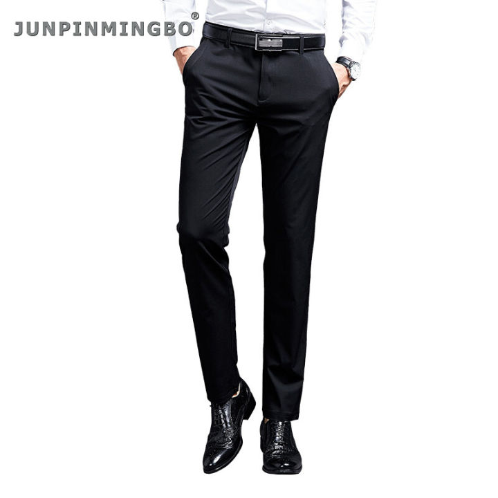 junpinmingbo-2021ฤดูร้อนใหม่สำนักงานธุรกิจทางการกางเกงสำหรับสูทผู้ชายสลิมฟิตอีลาสติกbreathable-soft-ice-feel-men-casualตรงกางเกงขายาว