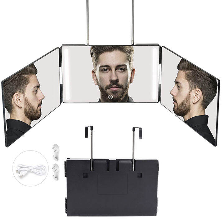 3 Way Mirror for Self Hair Cutting 360° Mirror with LED Lights, Trifold