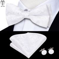 Hi-Tie Black White Silver Grey Brown Silk Mens Bow Tie Hankerchief Cufflinks Set Pre-tied Butterfly Knot Adjustable Bowtie Male Boys Clothing