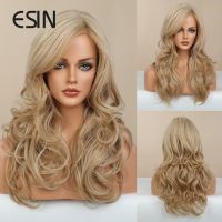 ESIN Synthetic Hair Golden Blonde Wig Long Wavy Wigs for Women Wigs With Bangs Heat Resistant Fiber Party Daily Use