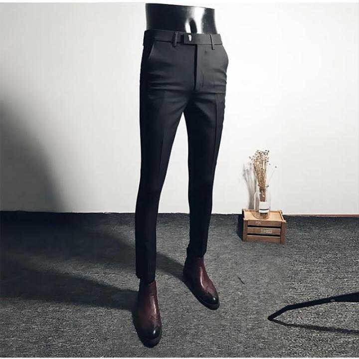 woma-กางเกงขายาววอม-กางเกงผ้ายืดขายาวสำหรับผู้ชาย-กางเกงขายาวสไตล์อังกฤษลำลองแนวธุรกิจสีดำยืดหยุ่นขนาดเล็กฉบับภาษาเกาหลีฤดูร้อน-celana-setelan