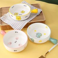 INS Simple Ceramic Cartoon Handle Bowl Cute Fruit Salad Bowl Childrens Tableware Baking Pan Instant Noodle Bowl