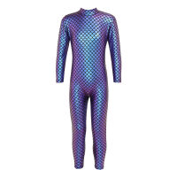 Kids Girls Boys Cosplay Jumpsuit Gymanstics Leotard Ballet Costume for Dancing Long Sleeves Shiny Fish Scales Printed Bodysuit