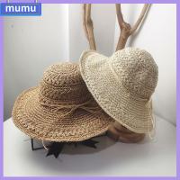 MUMU ฤดูร้อน วันหยุด หมวกชาวประมง แฟชั่นผู้หญิง หมวกกันแดด Floppy Derby Hat ถังทอมือ หมวกชายหาดฟาง