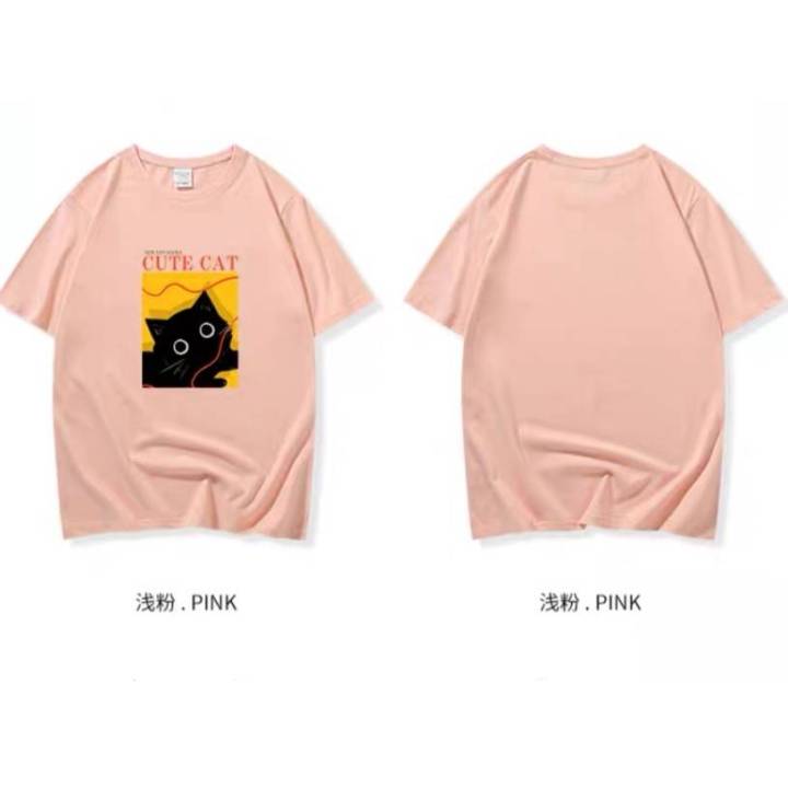fashionjeans-เสื้อยืด-คอกลม-แขนสั้น-ผ้านิ่ม-พิมพ์ลายแมว-น่ารักๆ-สไตล์เกาหลี-9634