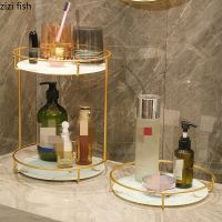 ◄ Wrought Iron Glass Storage Rack Dressing Table Cosmetic Shelves Double Shelf Storage Tray Organizer Decorative Display Stand