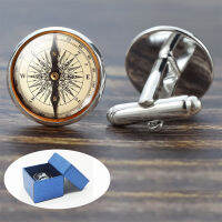 เข็มทิศ Cuff Links เข็มทิศวินเทจนาฬิการูปแบบเรือใบ Alloy Cuff Links สำหรับชายของขวัญแก้ว Cabochon (Its Not A เข็มทิศจริง)-Yrrey