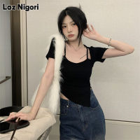 Laz Nigori เสื้อยืดแขนสั้นหญิงผ้าฝ้ายสีดำดีไซน์ดูมีปกสี่เหลี่ยมเสื้อเอวลอย Cewek Seksi