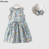 Summer Dress+Floral Hat 2pcs/Set Girls Clothes Sleeveless Cotton Kids Dresses Princess Summer Girls Dress for ages 2 3 4 5 6 7Yr  by Hs2023