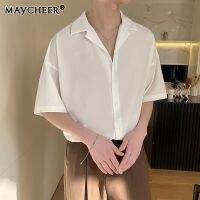 MAYCHEER  เสื้อเชิ้ตแขนสั้นสีแบนเสื้อหลวมๆสบายๆฤดูร้อนของผู้ชาย