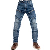 【YD】 Men`s Motorcycle Heavy Denim Workwear Zippers Biker Patchwork Jeans Pants Male Size