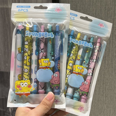 6PCS/set SpongeBob SquarePants Click ball pen cartoon cute black gel pen stationery for students