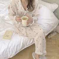 2021 Chic Plaid Sleepwear Patchwork Lace Geometric Long Sleeves Home Clothes Loose Casual Chic Women Sweet Pajamas