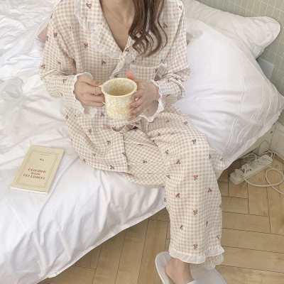 Chic Plaid Sleepwear Patchwork Lace Geometric Long Sleeves Home Clothes Loose Casual Chic Women Sweet Pajamas