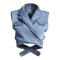 TWOTWINSTYLE Casual Short Cross Denim Jacket For Women Lapel Sleeveless Solid Jackets Female Fashion New Clothing 2021 Stylish