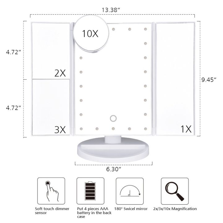 กระจกแต่งหน้าสำหรับตั้งโต๊ะ-22ไฟ-led-สำหรับใช้ในห้องน้ำฝักบัวแบบสัมผัสที่สามารถพับเก็บได้10x-กระจกทรงกลมความงาม