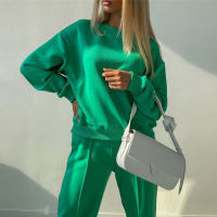 Women Casual Solid Tracksuit Loose Long Sleeve Pullover Sweatshirt And Elastic Wide Leg Pant Two Pieces Set Fashion Female Suits