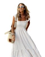 Spot parcel post2023 Europe and America Independent Station Summer Elegant Womens Patchwork Plaid Strap Elastic Large Swing Dress