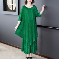 2023Summer Green Silk O-Neck Printed Womens Short Sleeve Top Long Pants Two Piece Set Loose Size Wide Leg Pants Slim Casual Set