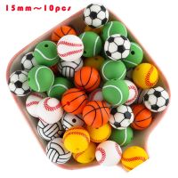 10Pc Round Silicone Beads Soccer Baseball Tennis Basketball Sport Ball Silicone Printed Bead DIY Pacifier Chain Accessories Beads