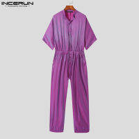 INCERUN Men Drawstring Cargo Zipper Hippy Shiny Short Sleeve Jumpsuits (ชุดลำลอง) #3