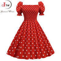 Polka Dot Party Dress Elegant Women Summer Puff Short Sleeve Square Collar Elastic Waist Vintage Midi Sundress Casual Beach