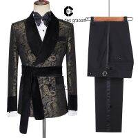 Cenne Des Graoom 2023 ใหม่บุรุษสูท Paisley Tuxedo สําหรับงานแต่งงานผ้าคลุมไหล่สองกระดุมกํามะหยี่ปกแจ็คเก็ต 2 ชิ้นพร้อมเข็มขัด♪