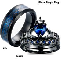 Carofeez Charm Couple Ring Stainless Steel Black Mens Ring Blue Zircon Womens Ring Sets Valentines Day Wedding Bands