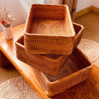 Hand-woven Rattan Wicker Basket Fruit Tea Snack Bread Basket Cosmetic Rectangular Storage Box Household Kitchen Supplies