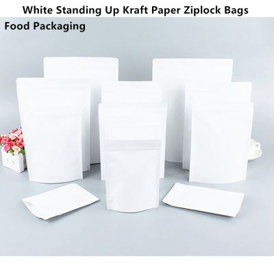 White Stand Up Kraft Paper Ziplock Bag 100pcs Inner Aluminum Foil Paper Food Grade Zipper Reusable Packing Pouch Snack Doypack Food Storage Dispensers