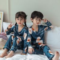New Autumn Long Sleeve Pajamas Set V-neck Silk Children Pijama Nightwear Cute Boys Satin Homewear Pyjama Casual Girls Sleepwear