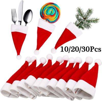 MZD【Merry Christmas 】10ชิ้น/เซ็ต Mini Christmas Hat Tableware Holder Pocket Bag Merry Christmas Party Dinner Wine Bottle Xmas Hat Decoration