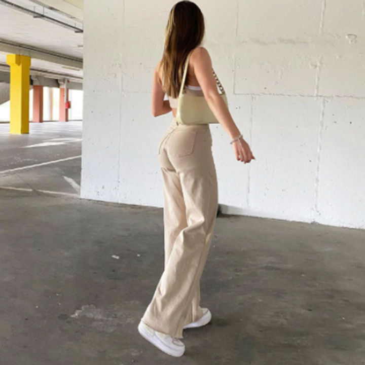 beautifultime-กางเกงยีนส์บานยืดของผู้หญิง-กางเกงสีทึบเอวสูงแนววินเทจมีกระเป๋าสไตล์-tiktok
