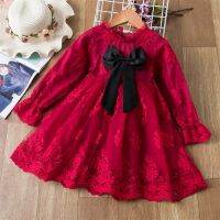 Red Long Sleeve Kids Fall Clothes Embroidery Elegant Winter Girls Princess Party Dresses Lace Children Clothing for 3 to 8 Yrs