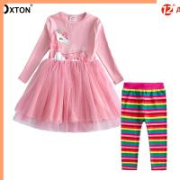 Dxton 2PCS Girls Clothes Children Clothing Sets Long Sleeve Dress with Rainbow Pants Flowers Girls Sets Winter Kids Costume 2-8Y