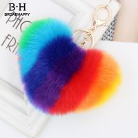 broadhappy Rainbow Love Heart Fluffy Ball Keychain Car Holder Bag Charm Ornament