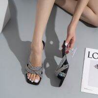 Up cross-border shoes fashion diamond cross sandal after wearing coarse crystal high-heeled sandals for womens