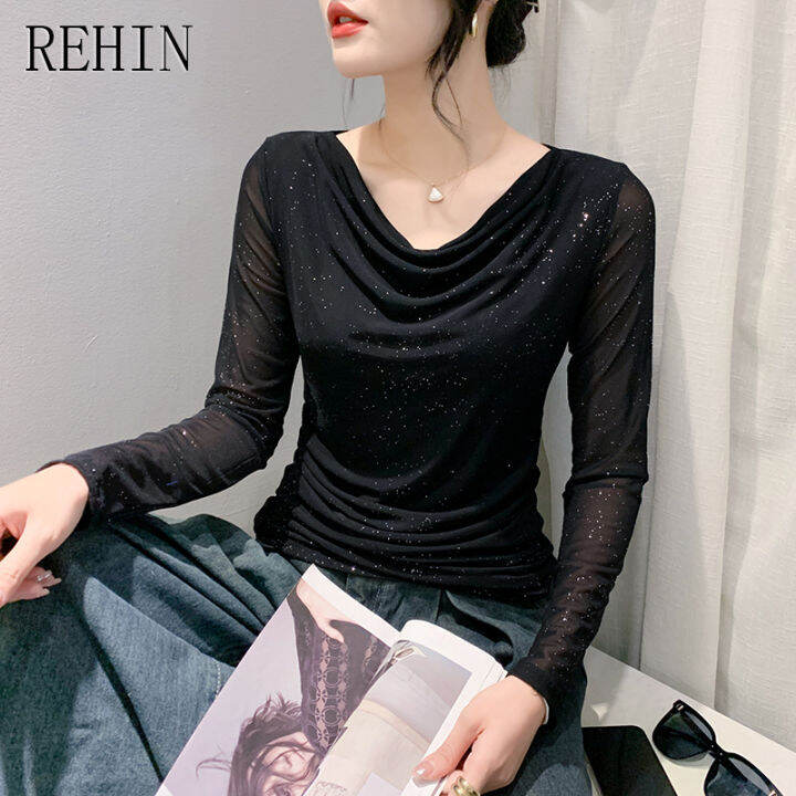 rehin-เสื้อเชิ๊ตผู้หญิง-2023ฤดูใบไม้ร่วงแฟชั่นคอกลมมาใหม่ล่าสุดเข้ารูปแขนยาว