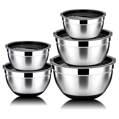 5 Pcs Mixing Bowl,Stainless Steel Salad Bowl with Airtight Lid&amp;Non-Slip Base,Serving Bowl for Kitchen Cooking Baking,Etc