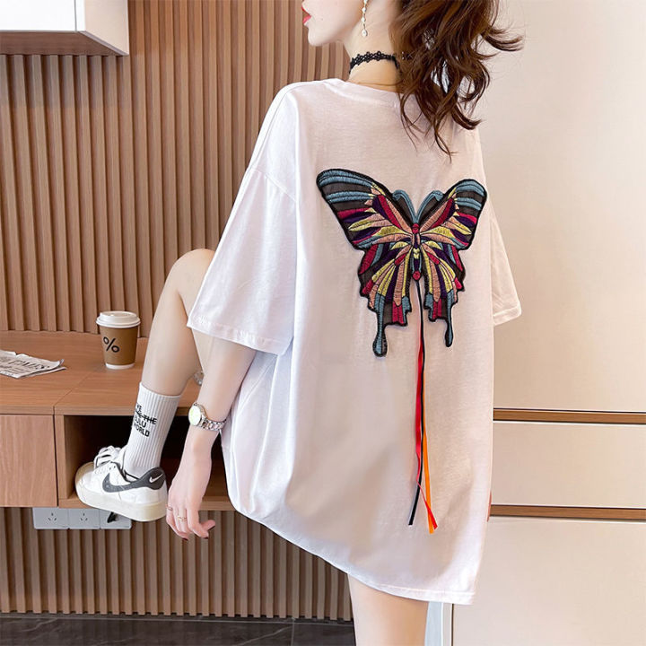 Heavy Industry Butterfly Embroidery Mid Length T-shirt for Women